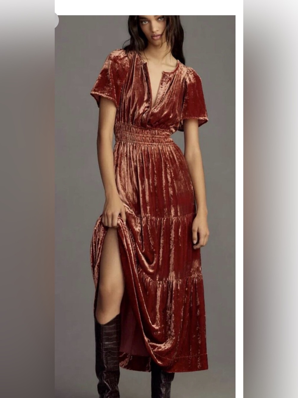 Anthropologie Velvet Maxi Dress Rust Burgundy Short Sleeve Boho xxs Romantic